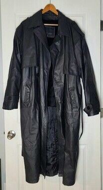 M Serge Platini Vintage Double Breasted Full Length Leather Belted Trench Black